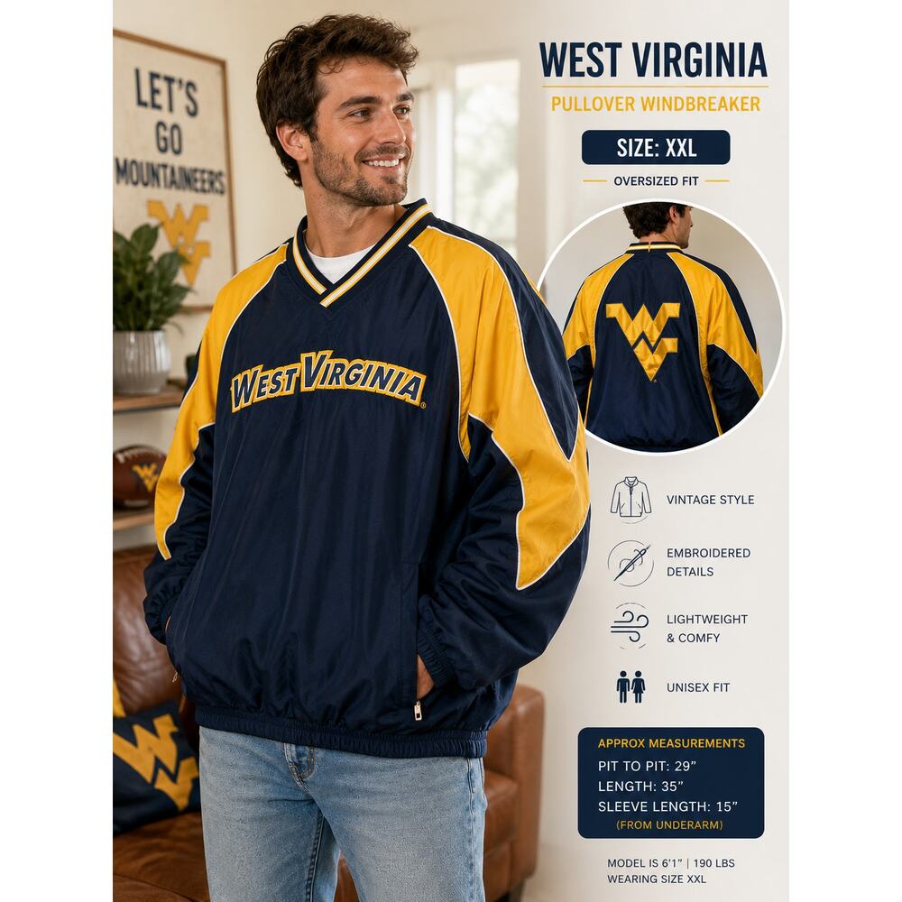 Vintage West Virginia WVU Pullover Windbreaker Jacket Navy Gold Embroidered XXL